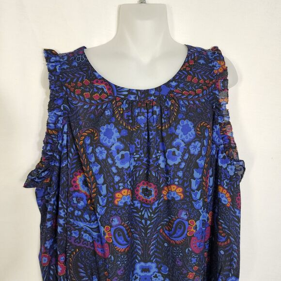 Ann Taylor Loft Womens Top Small Cold Shoulder Floral Print Long Sleeve Ruffles - Picture 3 of 13